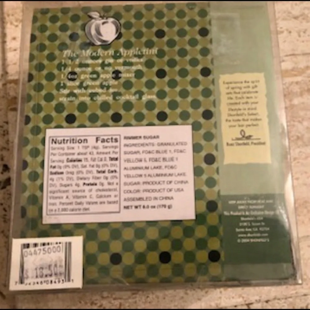 NWT SHONFELD'S APPLETINI set. 4 picks, 2 plates, 1 olive pick appletini sugar